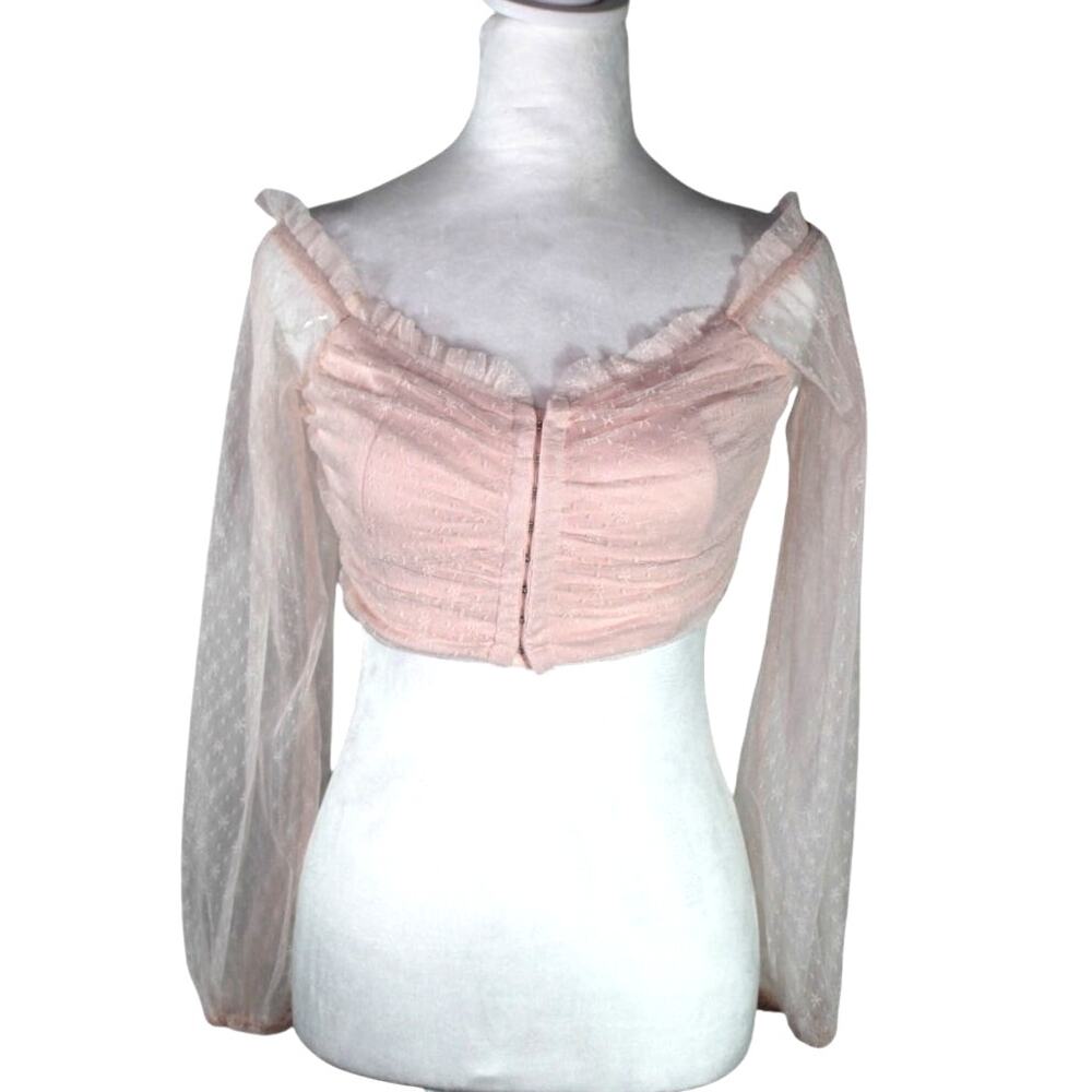 Privy Lace Tulle Crop Top Feminine Coquette Buckle Bunny Trendy Off Shoulder M